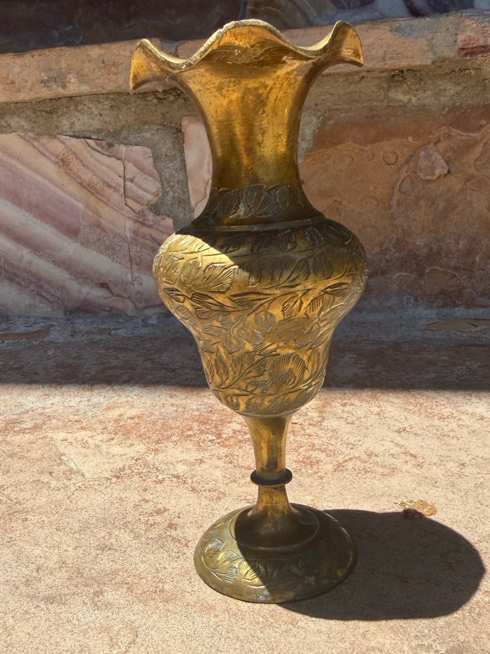 Brass fluted etched vase